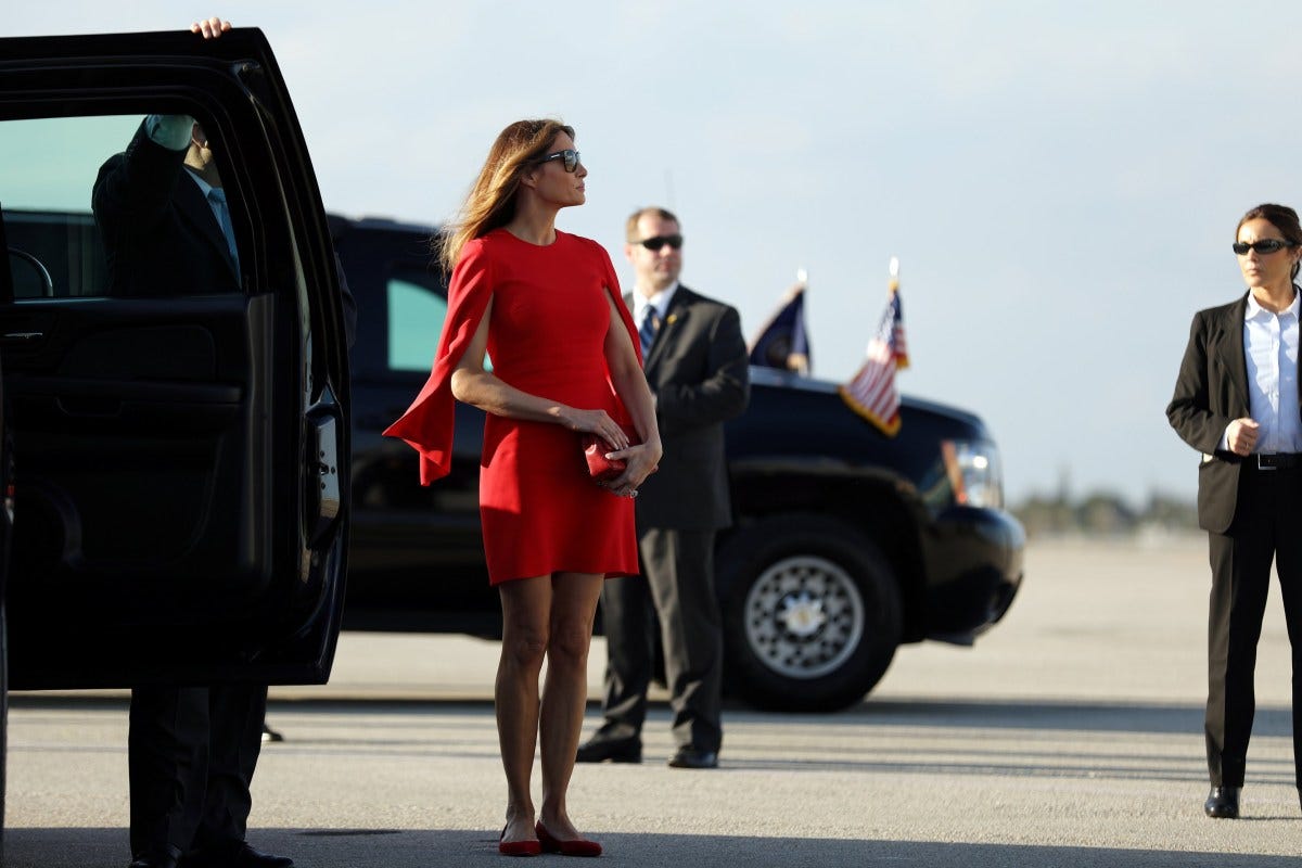 Melania Trump arrives to welcome President Trump at West Palm Beach International Airport, February 3, 2017. Melania Trump arrives to welcome President Trump at West Palm Beach International Airport, February 3, 2017.
