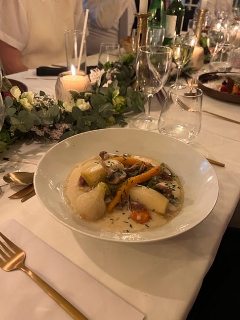 Photos of a multi-course meal with different plates of fish, meat and vegetables