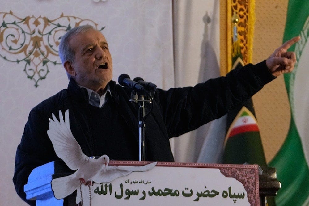 Iranian President Masoud Pezeshkian speaks during a ceremony commemorating the death anniversary of the late commander Gen. Qassem Soleimani, at the Imam Khomeini grand mosque in Tehran, Iran, Thursday, Jan. 1, 2026. (AP) Iranian President Masoud Pezeshkian speaks during a ceremony commemorating the death anniversary of the late commander Gen. Qassem Soleimani, at the Imam Khomeini grand mosque in Tehran, Iran, Thursday, Jan. 1, 2026. (AP)