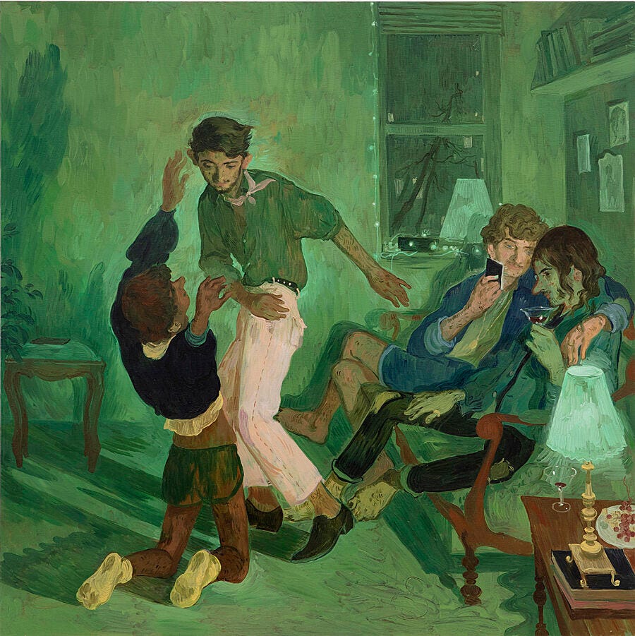 A painting of four men in a living room. Two are dancing and two are sitting on a sofa.