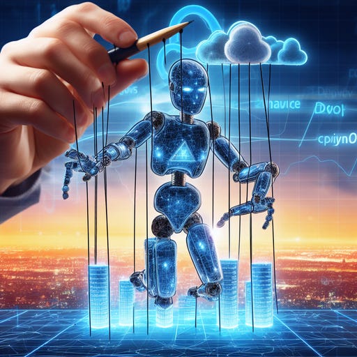 Draw a futuristic puppet master controlling Azure Devops on strings