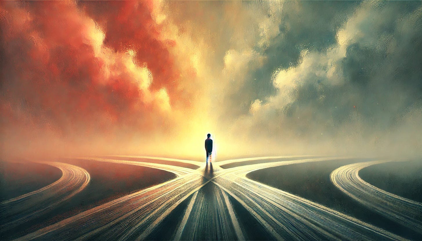 A surreal digital painting of a person standing at a crossroads, facing multiple diverging paths that disappear into a foggy horizon. The figure appears hesitant, symbolizing the anxiety of decision-making. The background features an abstract blend of warm and cool tones, creating a dreamlike and introspective atmosphere. Soft, ethereal light highlights the uncertainty and complexity of choices, evoking a sense of decidophobia.
