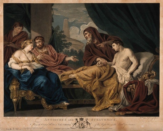 Erasistratus, a physician, realising that Antiochus's (son of Seleucus I) illness is lovesickness for his stepmother Stratonice, by observing that Antiochus's pulse rose when ever he saw her. Coloured engraving by W.W. Ryland, 1772, after Pietro da Cortona. Erasistratus, a physician, realising that Antiochus's (son of Seleucus I) illness is lovesickness for his stepmother Stratonice, by observing that Antiochus's pulse rose when ever he saw her. Coloured engraving by W.W. Ryland, 1772, after Pietro da Cortona.