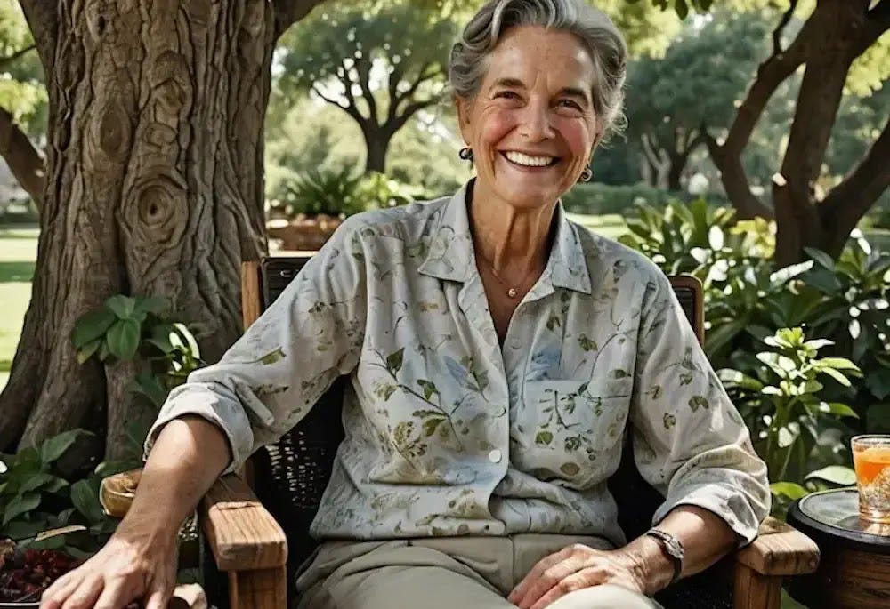 A senior woman is enjoying a moment of relaxation in a cozy chair beneath the shade of a large tree, with a refreshing drink placed on a nearby table.