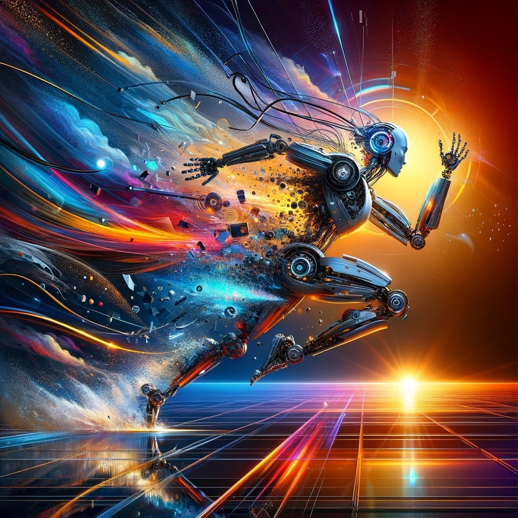 Design an image symbolizing the concept of 'Unleashed Machines', capturing the essence of AI and robotics revolution. Visualize a powerful and dynamic representation where machines break free from their traditional constraints, symbolizing innovation, freedom, and the dawn of a new era in technology. Imagine a composition where advanced robots and AI systems are depicted stepping out into the world, showcasing their capabilities beyond factory settings and into everyday life, business, and creative domains. The artwork should convey a sense of excitement, potential, and the transformative impact of these technologies on society. Employ a visually striking and futuristic style, with elements that suggest motion, evolution, and the breaking of chains, using a palette that combines metallics with vibrant hues to suggest both the strength and the endless possibilities of the technological future.