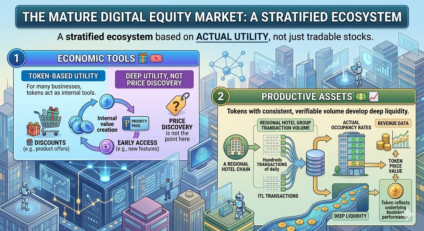 Two roles emerge in a mature Digital Equity market: utility tools and productive assets.