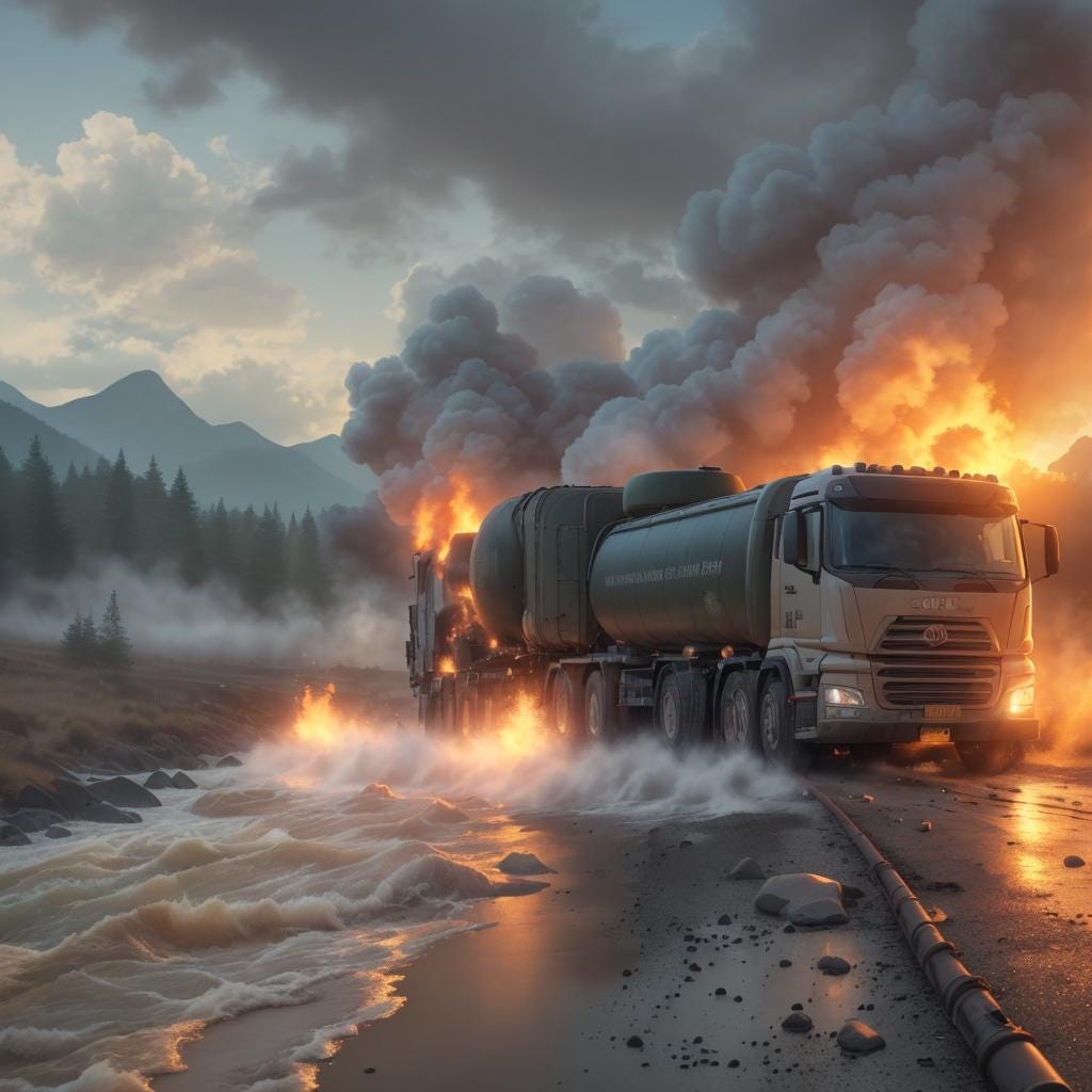 A tanker truck explodes on the bank of a river. A tanker truck explodes on the bank of a river.