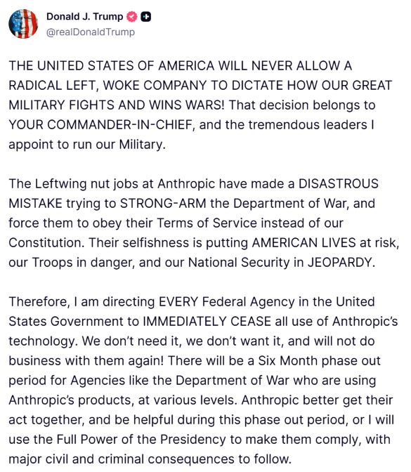 Trump orders all federal agencies to stop using Anthropic's tech, accusing the "radical left" company of endangering the military. Trump orders all federal agencies to stop using Anthropic's tech, accusing the "radical left" company of endangering the military.