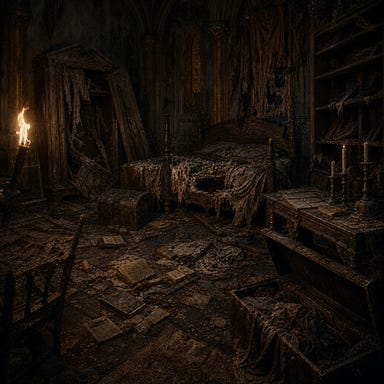 Forgotten bedroom in the Amber Temple, decayed furniture, splintered bedframe, collapsed wardrobe, torn books, eerie torchlight
