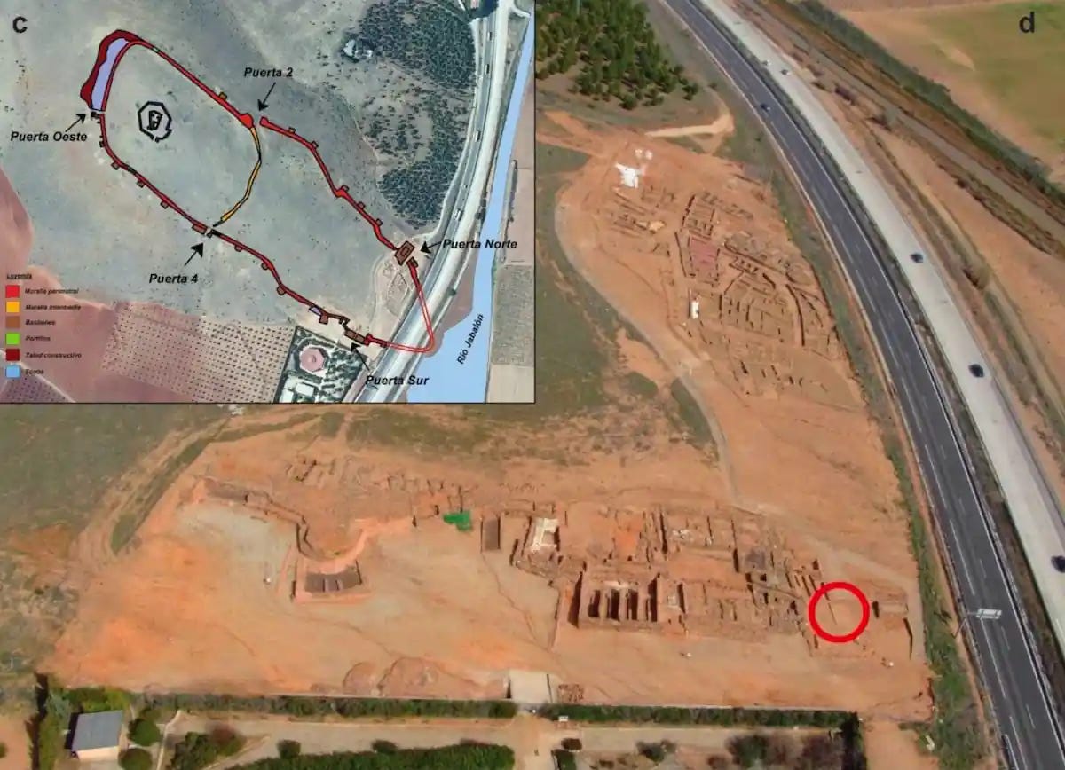 Plan of the settlement’s walls and gates, and Aerial view of the site with the red circle marking the location of the findings