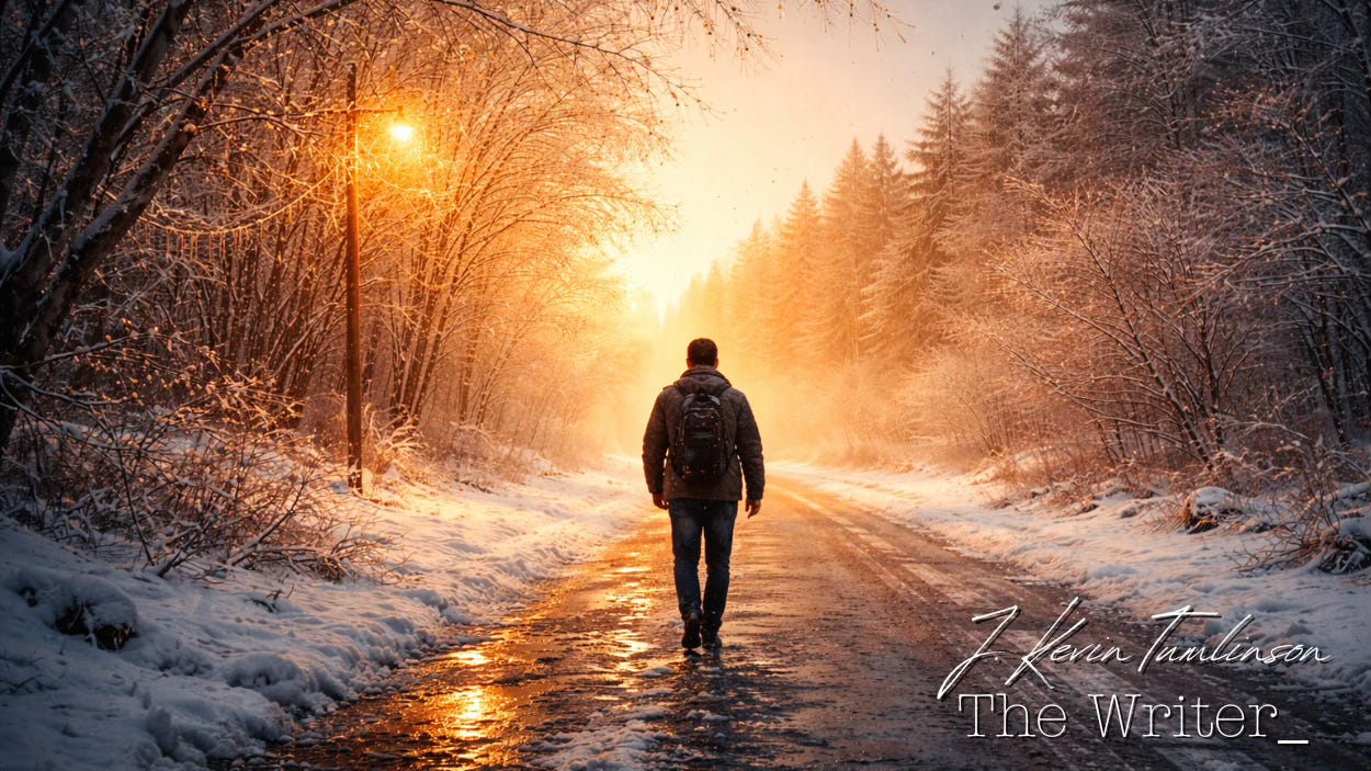A man walking on an icy road, four of a dark landscape and into a brother one.