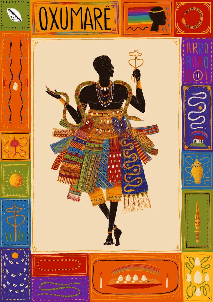 This may contain: an african woman in colorful clothing with the words oxumare on her chest and arms