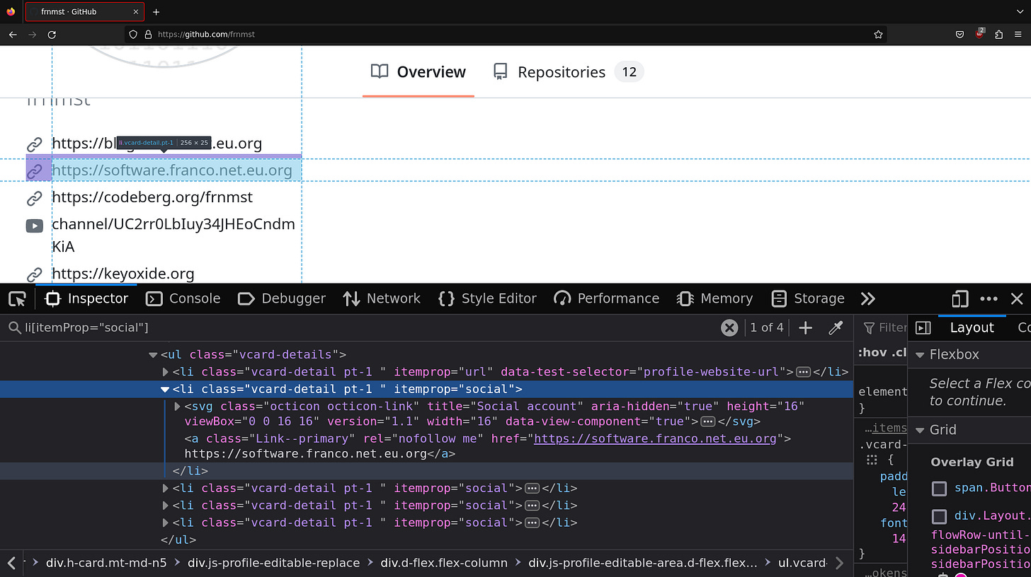 Browser screenshot of one of the "social" list elements