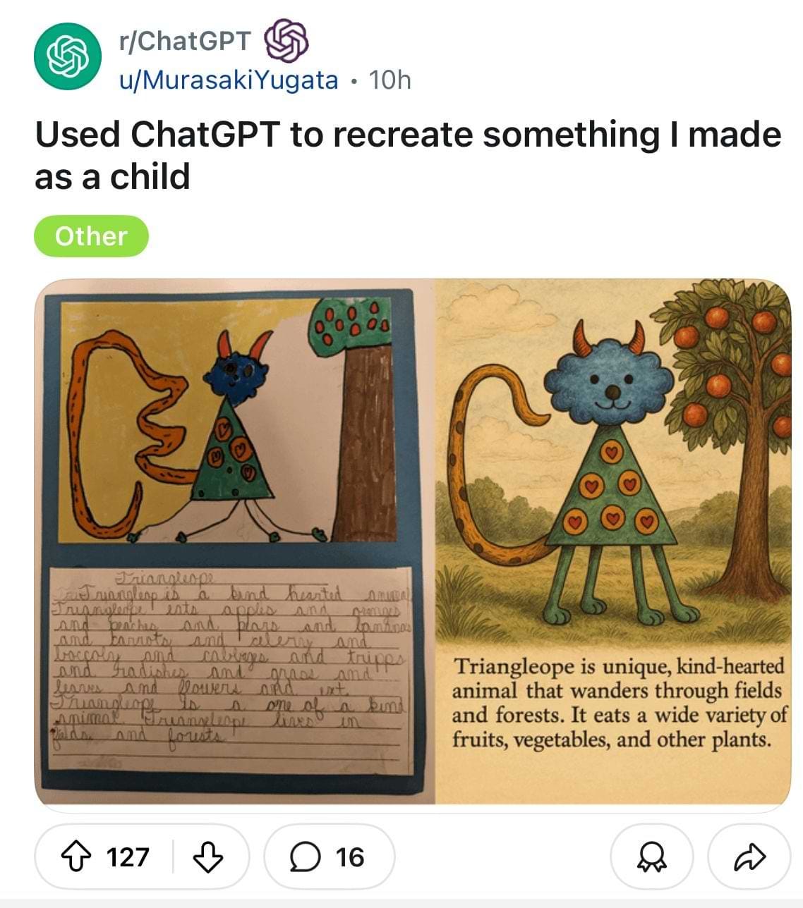 Side-by-side image showing a childhood drawing of a blue, triangle-bodied creature named Triangleope, alongside an AI-assisted recreation generated using ChatGPT. The recreated version keeps the heart-patterned body and kind expression, with cleaner lines and forest background. Triangleope is described as a kind-hearted animal that eats plants and lives in fields and forests.