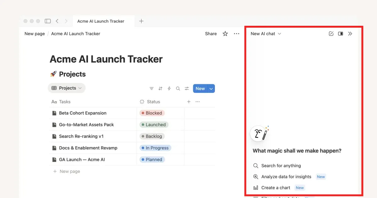 Notion page showing AI agent on the right sidebar Notion page showing AI agent on the right sidebar