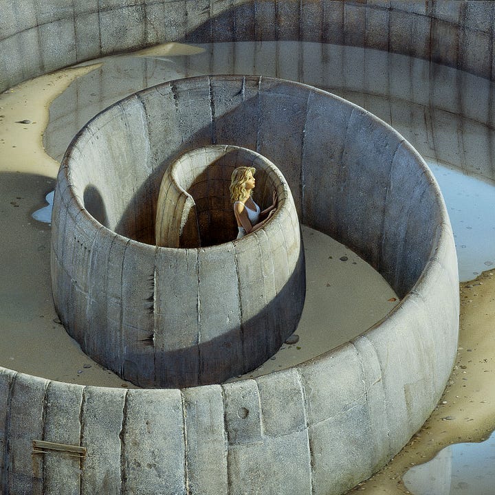 LEFT: Detail from ASYLUM featuring a tighter view of the inside of the stone spiral and the shadows falling across it. The sun illuminates the face of a woman at the center of the spiral as she peers over the wall in front of her, resting her hands just below the edge as if she is on tip toes. Smooth rocks of various size and color are strewn upon the damp sand. Shallow water pools reflecting seams of the concrete. RIGHT: Close detail from ASYLUM featuring a woman with shoulder length blonde hair at the center of the concrete spiral. She rests hands just below the edge of the stone wall, and the sun cuts an angle across her as she peeks over. She wears an immaculate white dress with low cut neckline and thin straps.