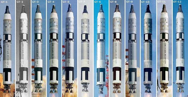 Twelve vertically aligned Gemini rockets labeled GT-1 to GT-12. Each shows different designs and colors. "United States" text is visible. Twelve vertically aligned Gemini rockets labeled GT-1 to GT-12. Each shows different designs and colors. "United States" text is visible.