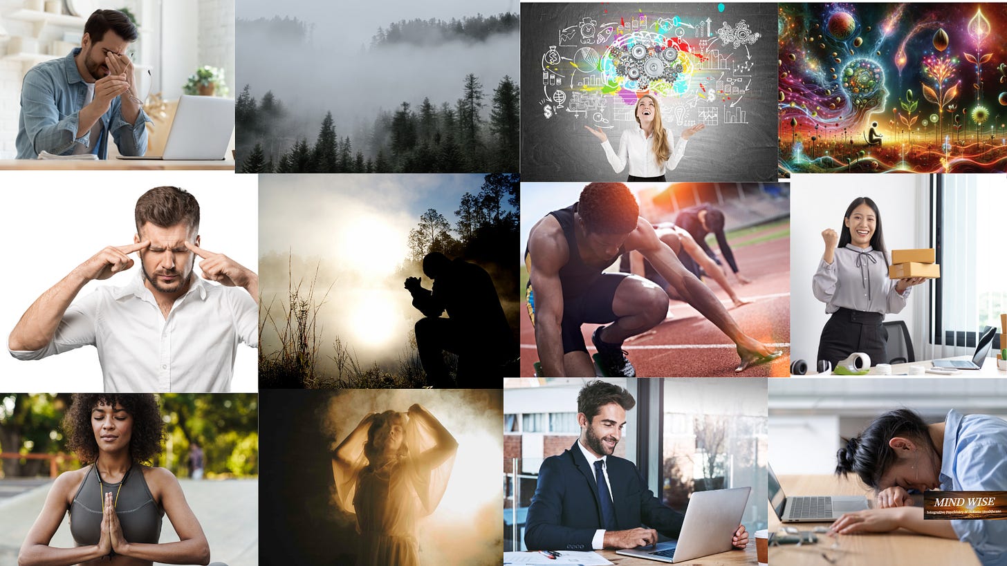 Collage of pictures about difficulties with brain fog, fatigue, and focus, the understanding and solutions.