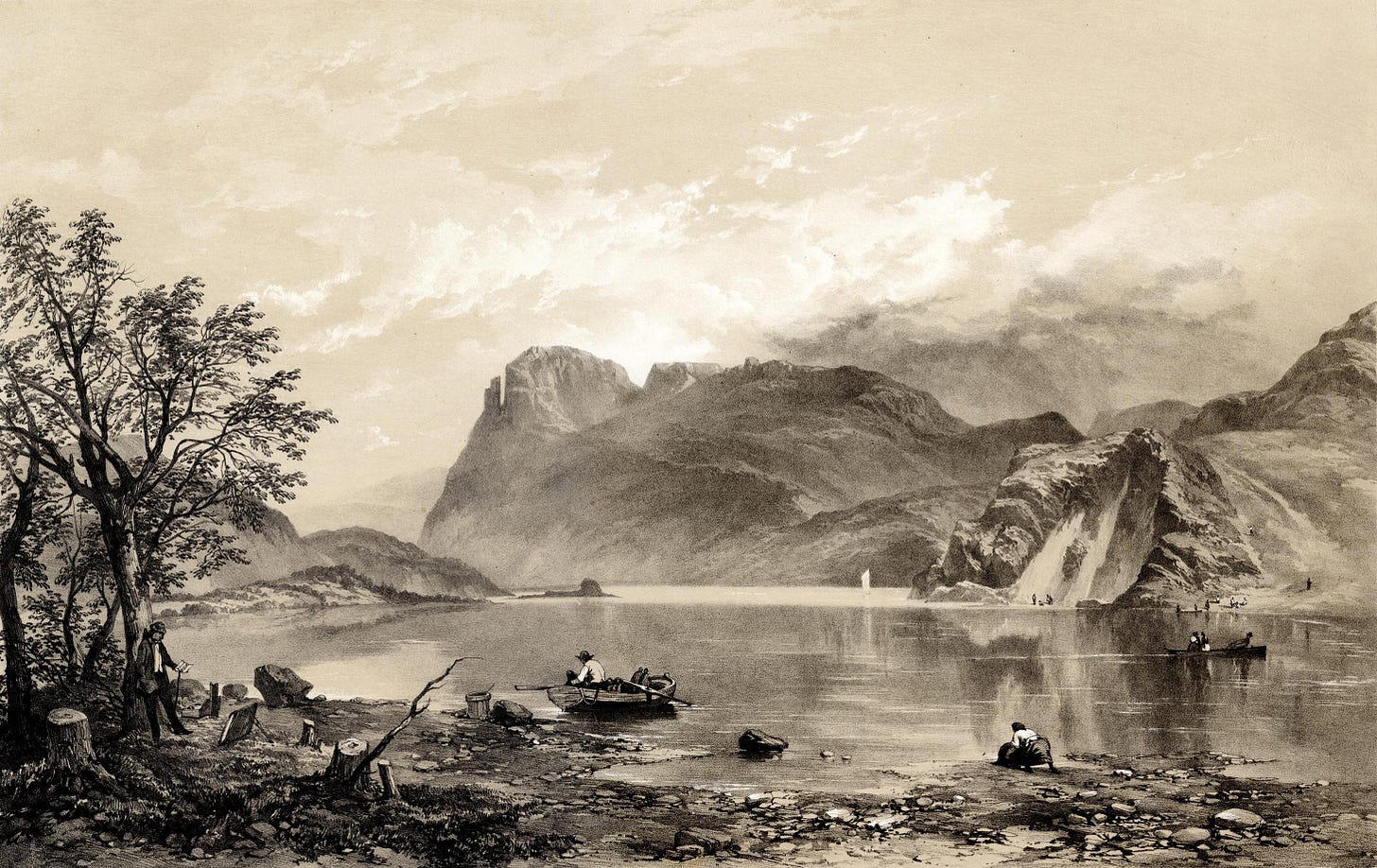 lake with mountain and rock pillar
