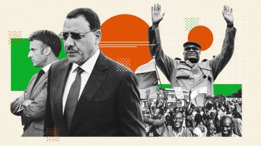Illustration of Emmanuel Macron, Mohamed Bazoum and Mohamed Toumba