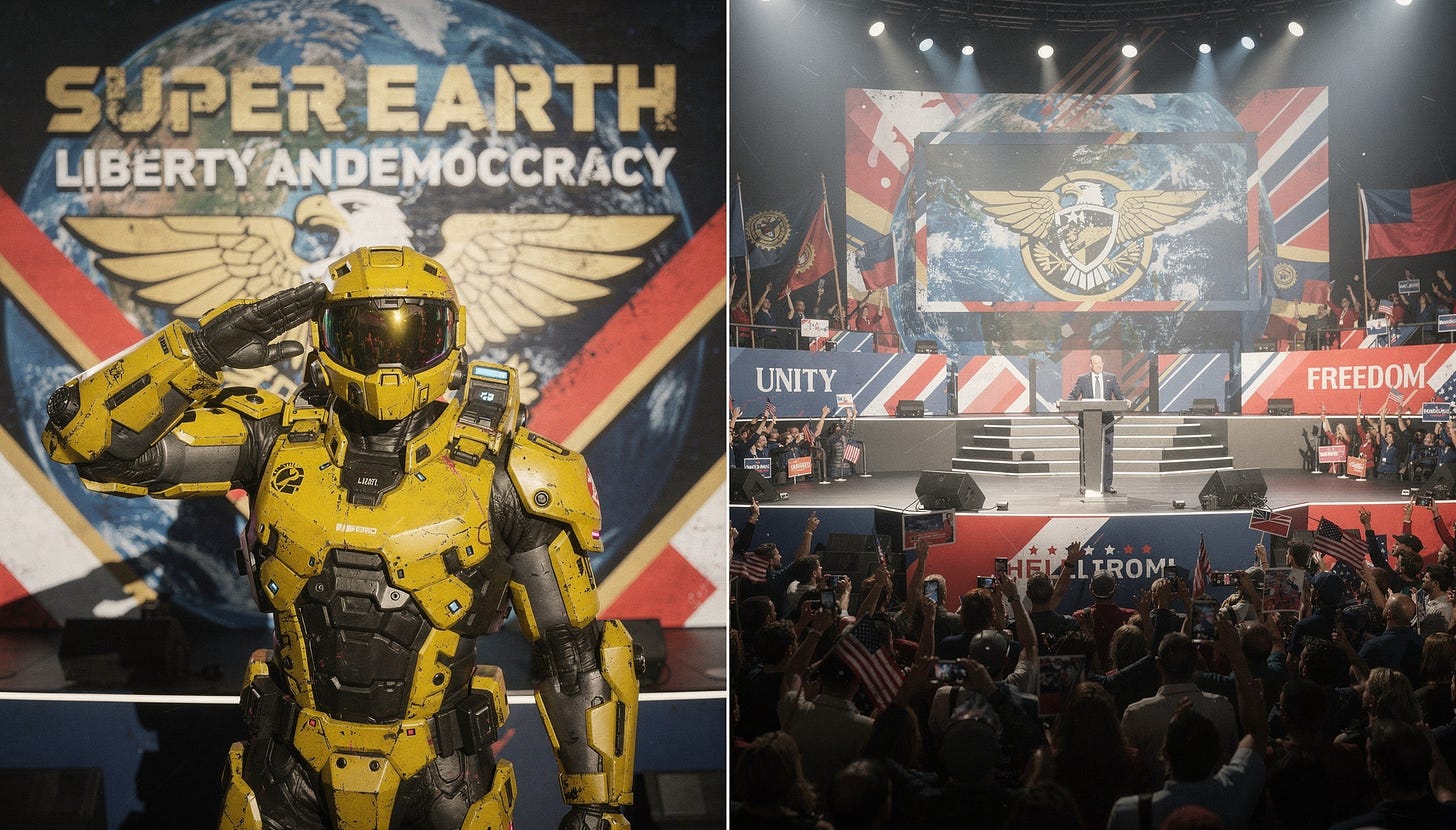 Split image comparing Helldivers 2's fictional "Super Earth" propaganda aesthetic with real-world political rally staging, highlighting visual similarities in color schemes, geometric composition, and authoritarian presentation styles.