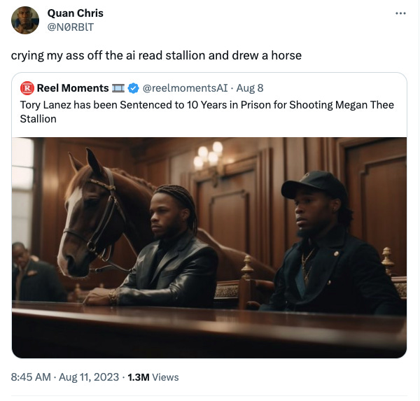 A news story on Megan Thee Stallion uses an AI image that generated an actual horse rather than the rapper