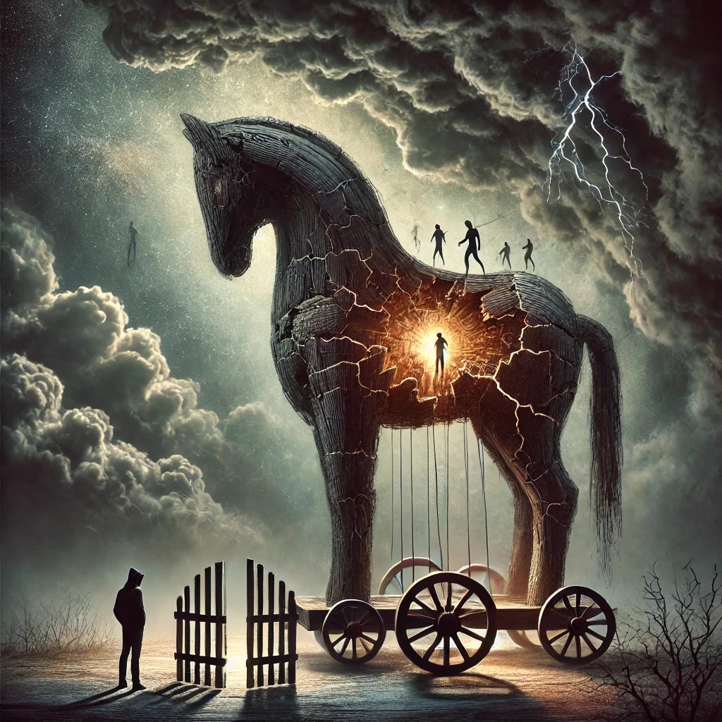 A symbolic depiction of a Trojan horse inside a person's mind, representing narcissistic abuse. The horse is intricately detailed with cracks and shadowy figures emerging from it, symbolizing the hidden chaos and harm. The background is a surreal blend of stormy clouds and faint glimmers of light, evoking confusion, hope, and the emotional toll of the abuse. The setting includes subtle imagery of broken gates and faint boundaries, highlighting the breach of trust. The overall mood is introspective and haunting, with a touch of resilience breaking through.