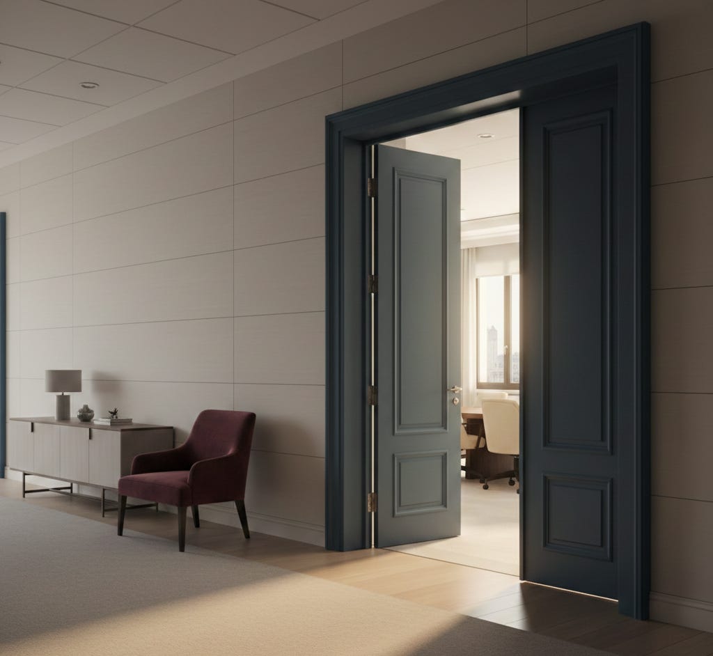 A softly lit hallway with a deep slate-blue door standing open to a bright conference room. Warm sunlight spills onto the floor. A burgundy accent chair and minimalist console sit along the wall, creating a calm, modern, and inviting atmosphere. A softly lit hallway with a deep slate-blue door standing open to a bright conference room. Warm sunlight spills onto the floor. A burgundy accent chair and minimalist console sit along the wall, creating a calm, modern, and inviting atmosphere.
