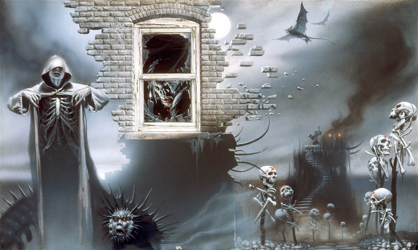 A hooded figure delicately lifts its robe, splitting fabric to reveal a rib cage draped in desiccated viscera. Slender fingers glisten at taloned tips, a splash of red in an otherwise gray hellscape. Around the figure, a spiked centipede winds, wearing a trio of faces—two wrapping in profile so that three eyes are visible, disconcerting in their asymmetry. Unfocused, it slithers with mouth open in a groan. Through a broken window, a hulking monster with huge eyes, snub nose and bloody maw peeks out. A side of its face falls in shadow while the other is lit by candle flame. The incomplete facade situating the window partial obscures the moon. The wall trail brick that seem to hang in mid-air. On jagged posts, a series of piked skulls dominates the foreground right. Red Xs mark the foreheads. More bones—femur, scapula, rib—are tethered to the pikes by string. A path of winding stairs leads up to a ritual platform where smoke wafts and a dark robed figure recites from some forbidden tome. A hooded figure delicately lifts its robe, splitting fabric to reveal a rib cage draped in desiccated viscera. Slender fingers glisten at taloned tips, a splash of red in an otherwise gray hellscape. Around the figure, a spiked centipede winds, wearing a trio of faces—two wrapping in profile so that three eyes are visible, disconcerting in their asymmetry. Unfocused, it slithers with mouth open in a groan. Through a broken window, a hulking monster with huge eyes, snub nose and bloody maw peeks out. A side of its face falls in shadow while the other is lit by candle flame. The incomplete facade situating the window partial obscures the moon. The wall trail brick that seem to hang in mid-air. On jagged posts, a series of piked skulls dominates the foreground right. Red Xs mark the foreheads. More bones—femur, scapula, rib—are tethered to the pikes by string. A path of winding stairs leads up to a ritual platform where smoke wafts and a dark robed figure recites from some forbidden tome.
