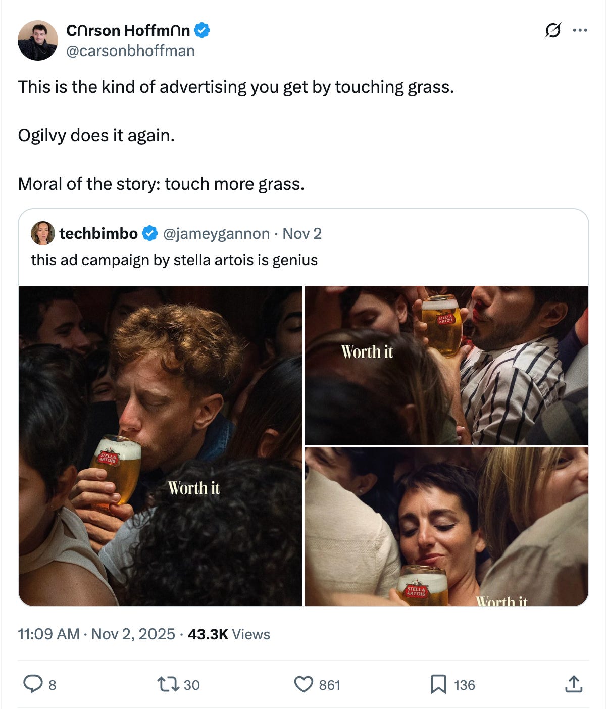 Screenshot of a tweet about a ‘touch grass’ ad campaign with party stills and the caption encouraging people to go outside.