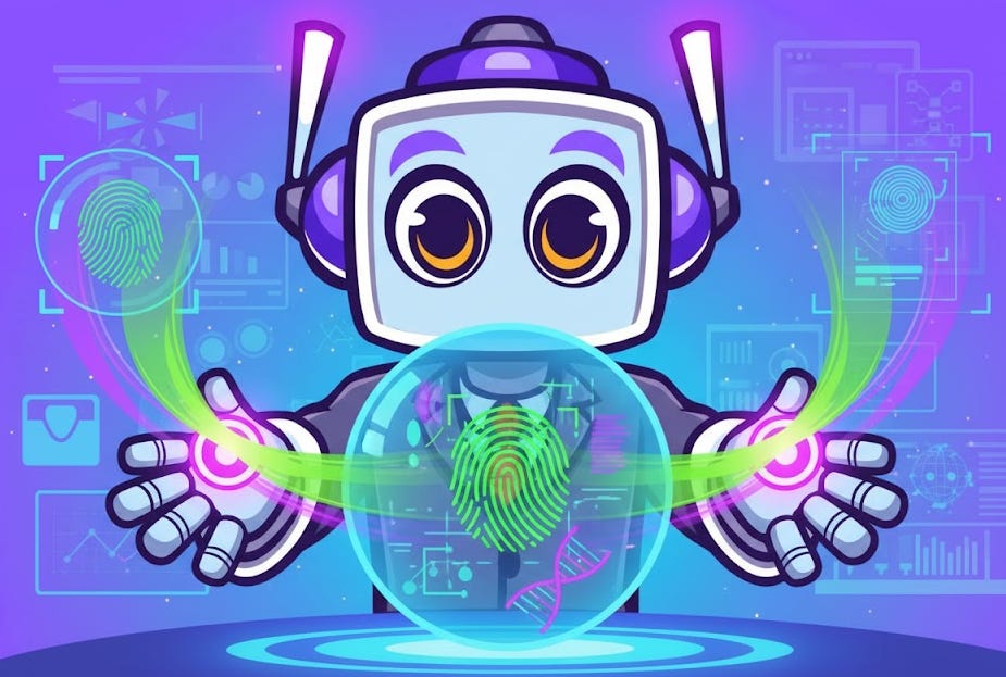 NeuralBuddy robot scanning a fingerprint with glowing hands and biometric data in the background.