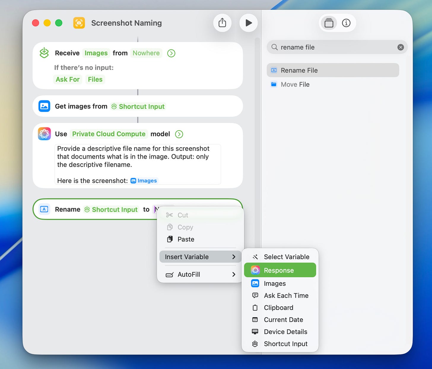 “Rename File” action in Shortcuts inserting the “Response” variable from the AI model as the new filename. “Rename File” action in Shortcuts inserting the “Response” variable from the AI model as the new filename.