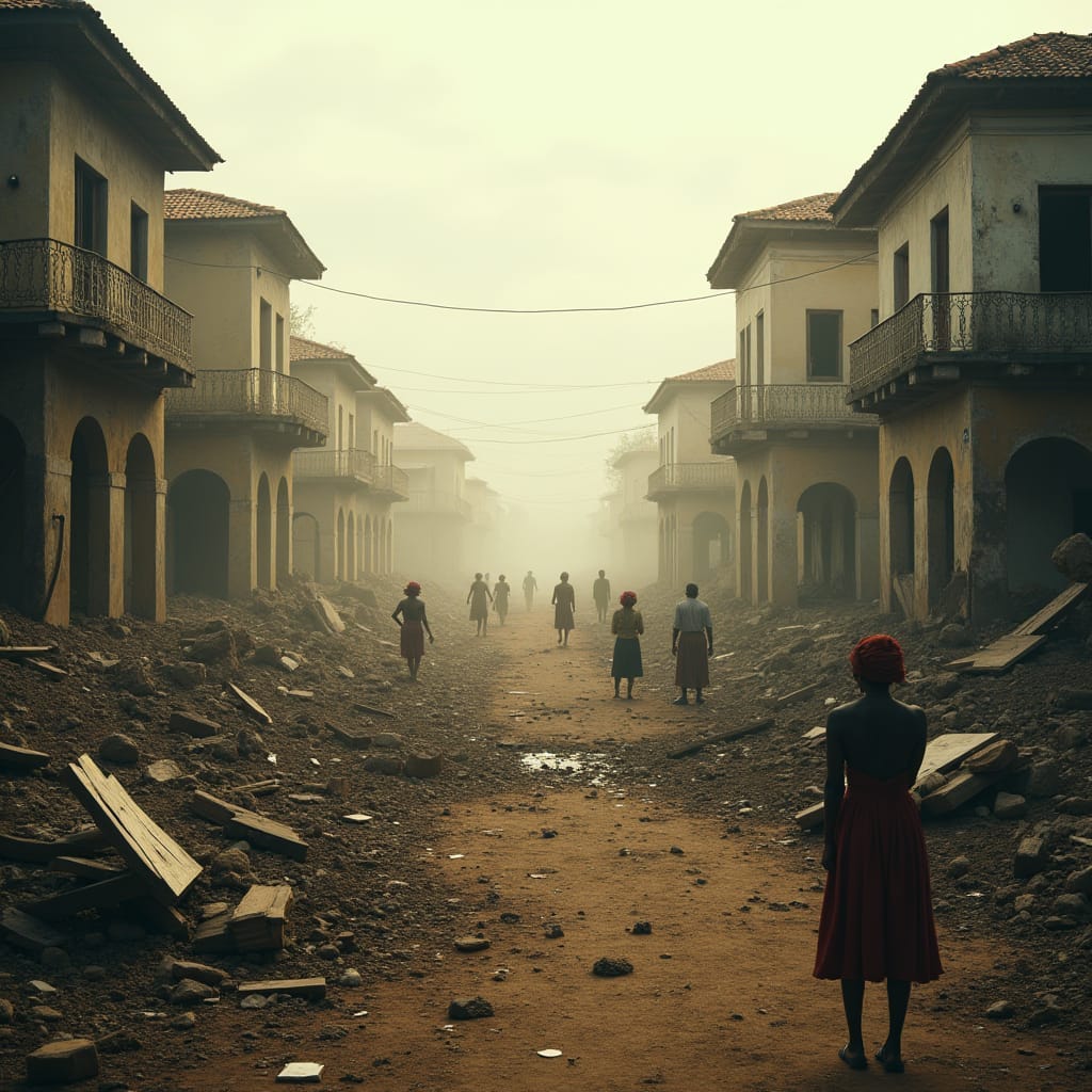 A destroyed Jamaican town square in 1916, ravaged by a devastating earthquake, with crumbling colonial architecture, overturned carriages, and debris-filled streets, as survivors survey the destruction in the foreground