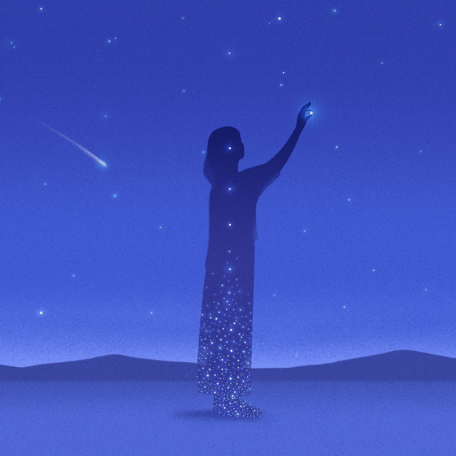 A silhouette of a woman reaches out for a star on the blue backdrop of a night sky. A silhouette of a woman reaches out for a star on the blue backdrop of a night sky.