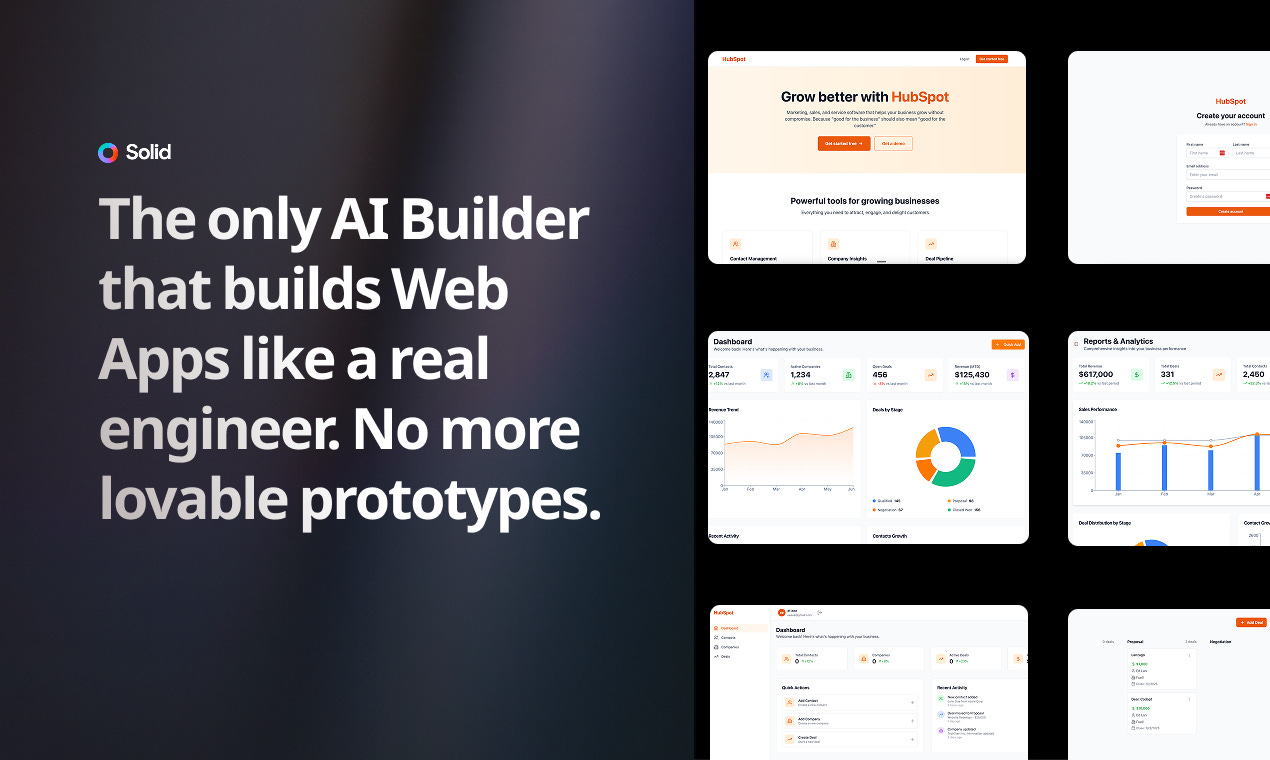 Solid — AI builder for production-ready web apps, not prototypes. Screens show dashboards and UI built with React, Node.js, and Postgres. Full ownership, no vendor lock-in. London, UK. Solid — AI builder for production-ready web apps, not prototypes. Screens show dashboards and UI built with React, Node.js, and Postgres. Full ownership, no vendor lock-in. London, UK.