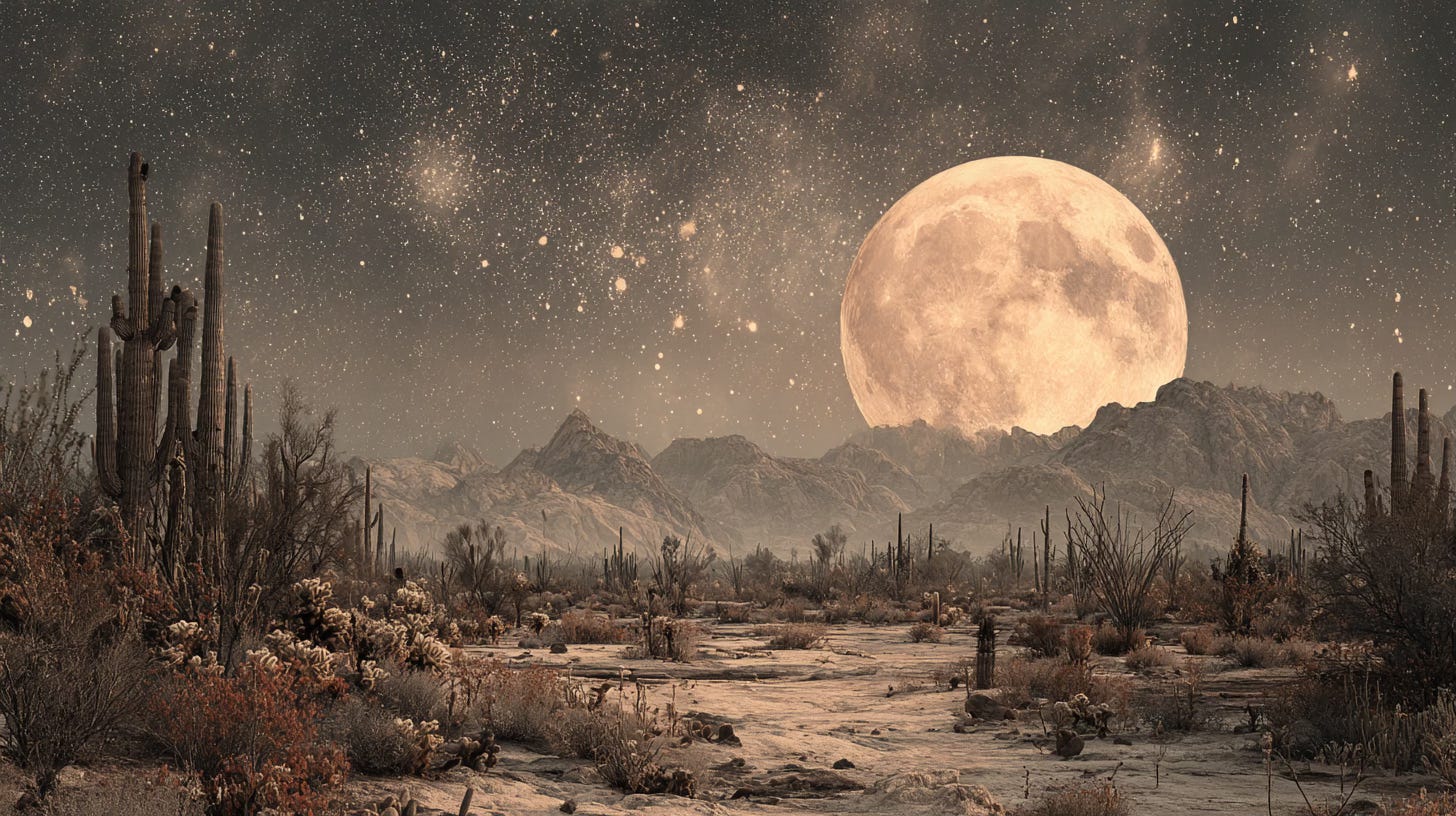 A full moon shines over a desert teeming with life. A full moon shines over a desert teeming with life.