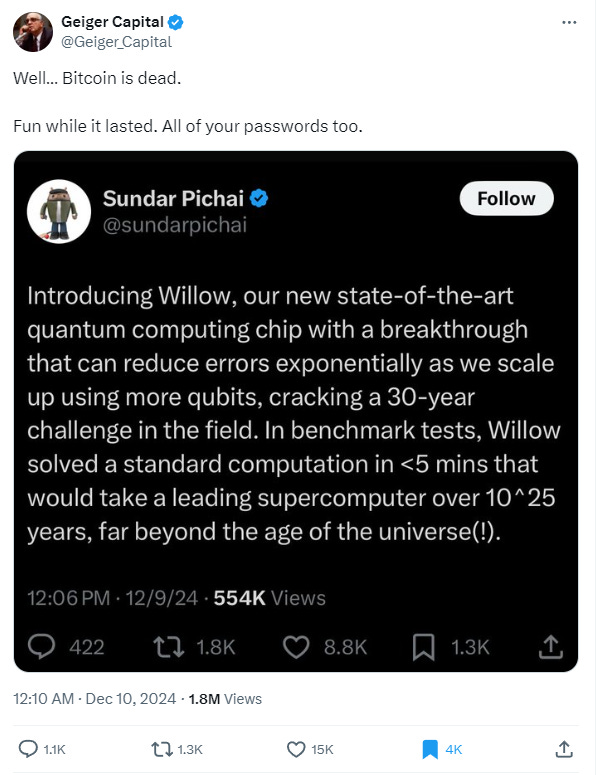 Bitcoin is dead. Google introduced willow chip.