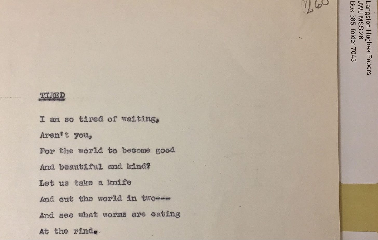Typed manuscript of Tired by Langston Hughes