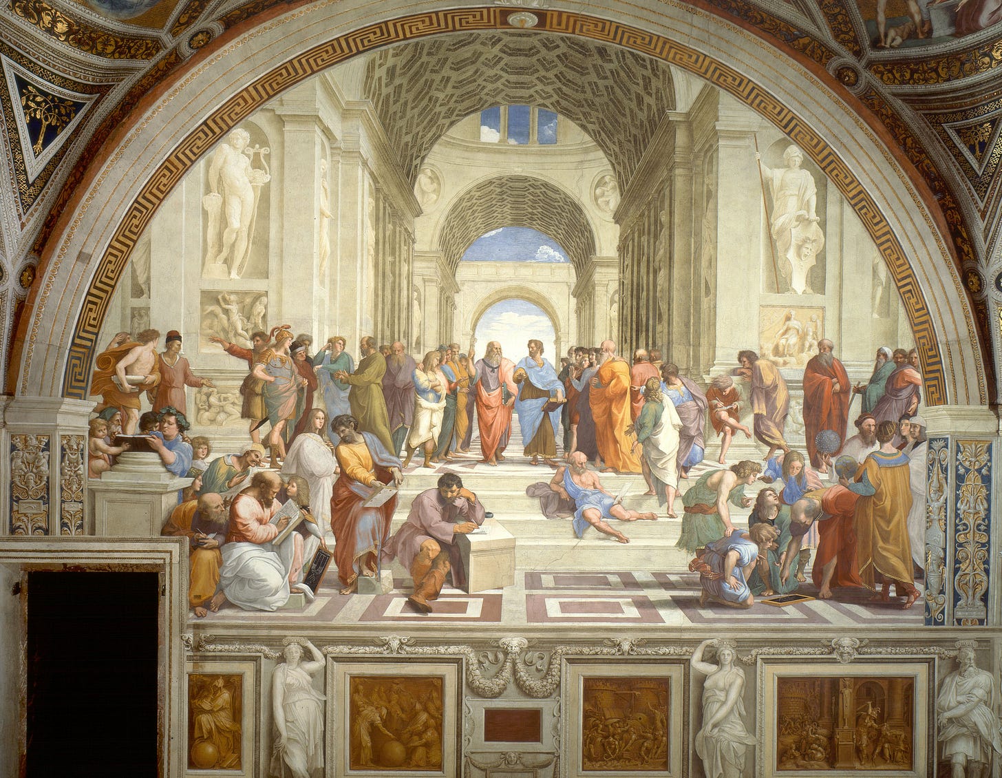 Raphael's fresco The School of Athens, showing Plato, Aristotle, and surrounding classical thinkers gathered beneath monumental vaulted architecture in debate. Raphael's fresco The School of Athens, showing Plato, Aristotle, and surrounding classical thinkers gathered beneath monumental vaulted architecture in debate.
