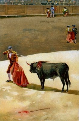 Deporte. Tauromaquia. El Matador clavando la espada: la estocada.  Ilustración, Alemania, c.1920.
