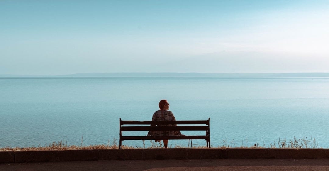 a person sitting on a bench looking at the water