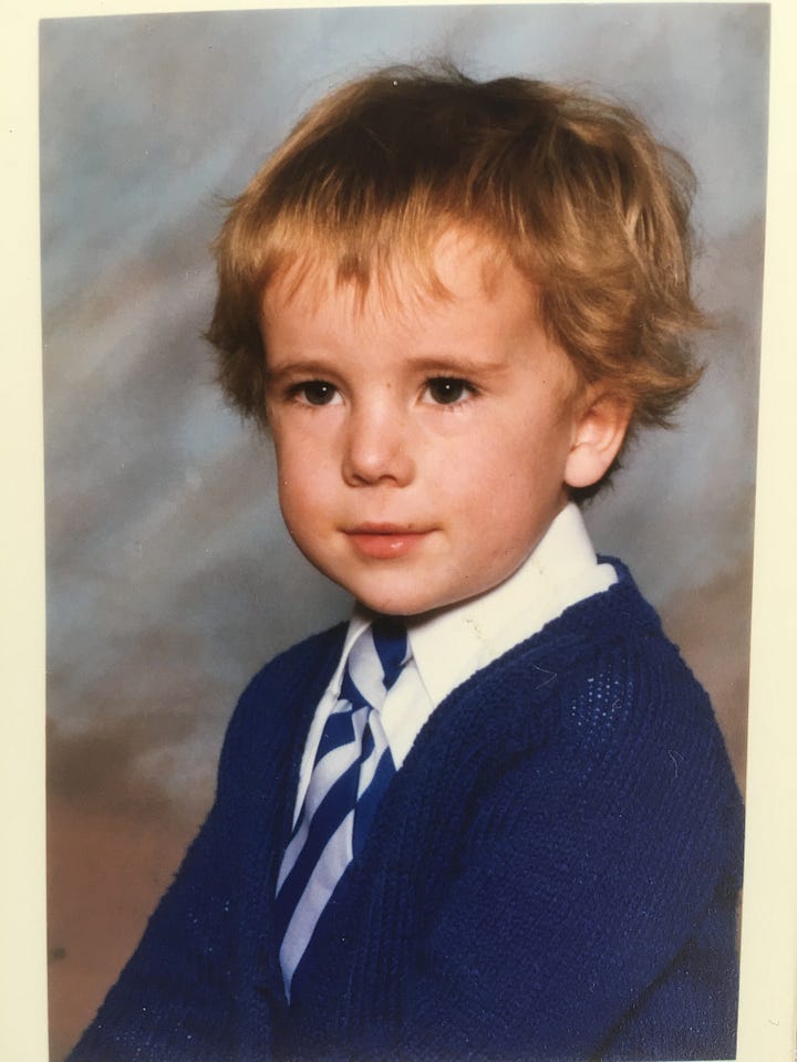 Me: with my year group at the end of primary school, age 11 (top row, middle); and at the beginning of school, around age 4.