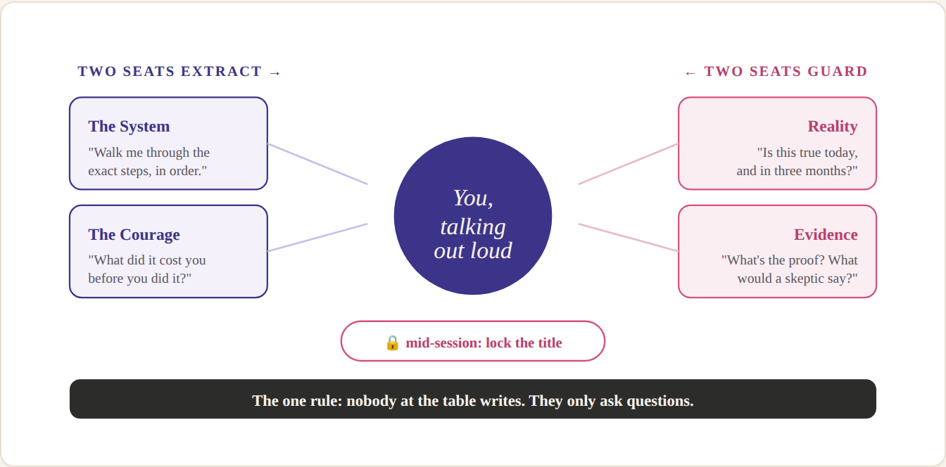 A table of four seats around you. Two extract your take (the system, the courage), two guard the reader (reality, evidence). You talk out loud in the middle. Nobody drafts.