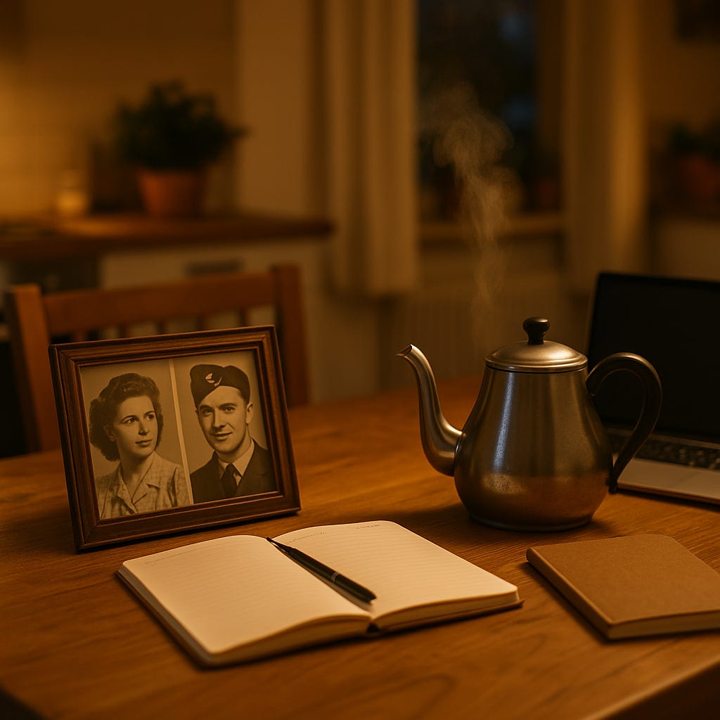 A framed black-and-white portrait of a young couple—he in an RAF uniform, she in a blouse—sits on a wooden kitchen table beside a steaming metal teapot, an open notebook with a pen, a closed journal, and a laptop in the background. The warm lamplight gives the scene a nostalgic, reflective mood.