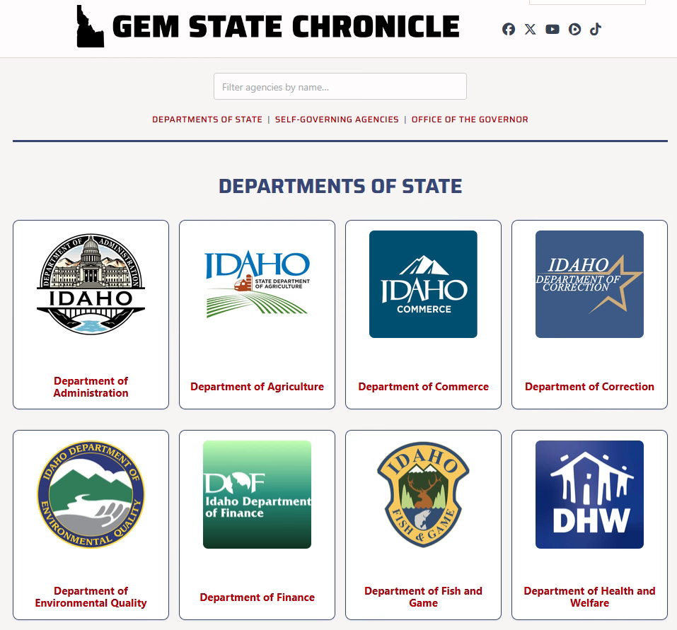 Screenshot of the Gem State Chronicle / Idaho Insider "State Agencies" hub page.