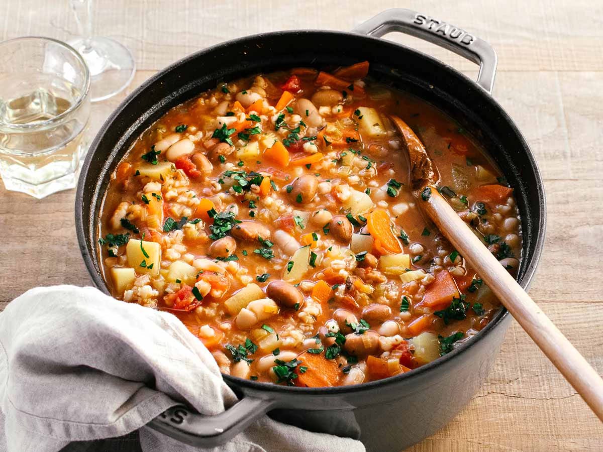 barley bean soup in a dutch oven