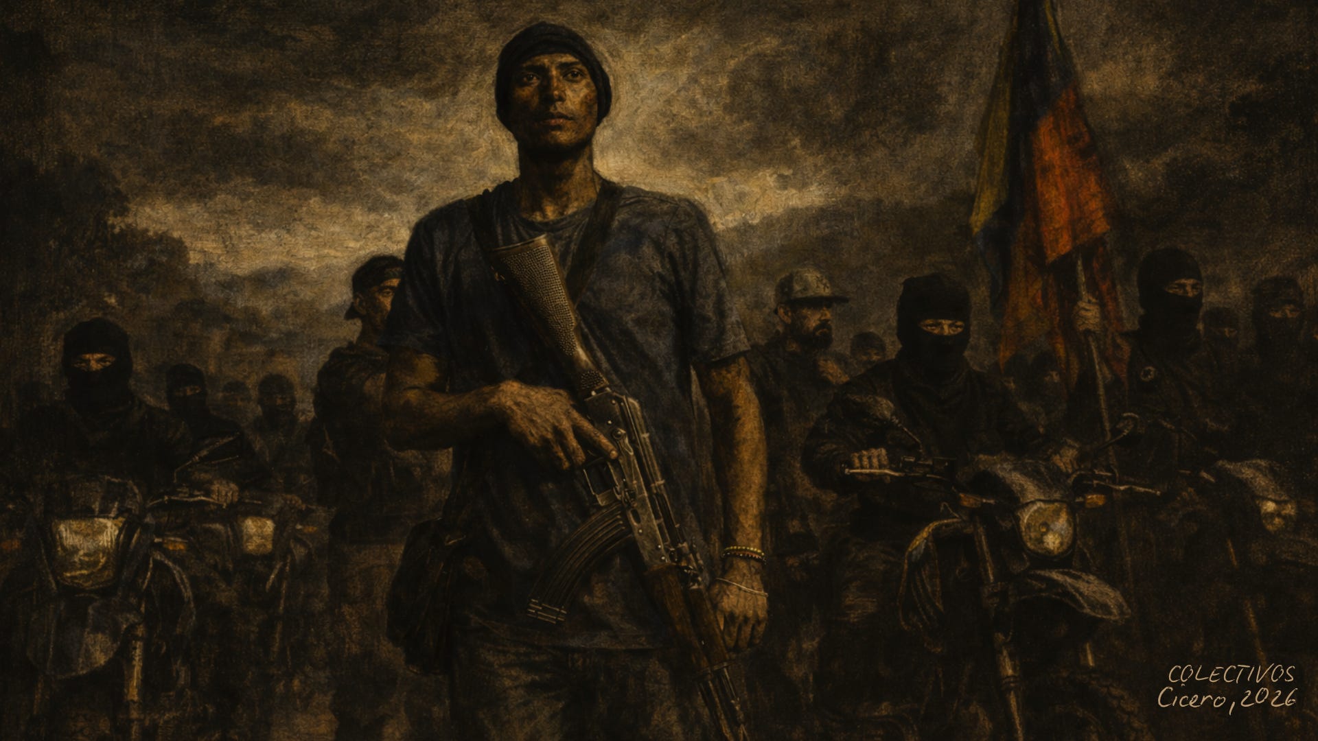 Dark, Goyaesque oil painting depicting armed colectivos in Caracas: a central figure holds a Kalashnikov while masked riders on motorbikes flank him under a heavy, shadowed sky. A tricolor flag rises at the edge of the scene, and the panoramic composition conveys menace, civic tension, and moral darkness through muted earth tones and stark chiaroscuro. Dark, Goyaesque oil painting depicting armed colectivos in Caracas: a central figure holds a Kalashnikov while masked riders on motorbikes flank him under a heavy, shadowed sky. A tricolor flag rises at the edge of the scene, and the panoramic composition conveys menace, civic tension, and moral darkness through muted earth tones and stark chiaroscuro.