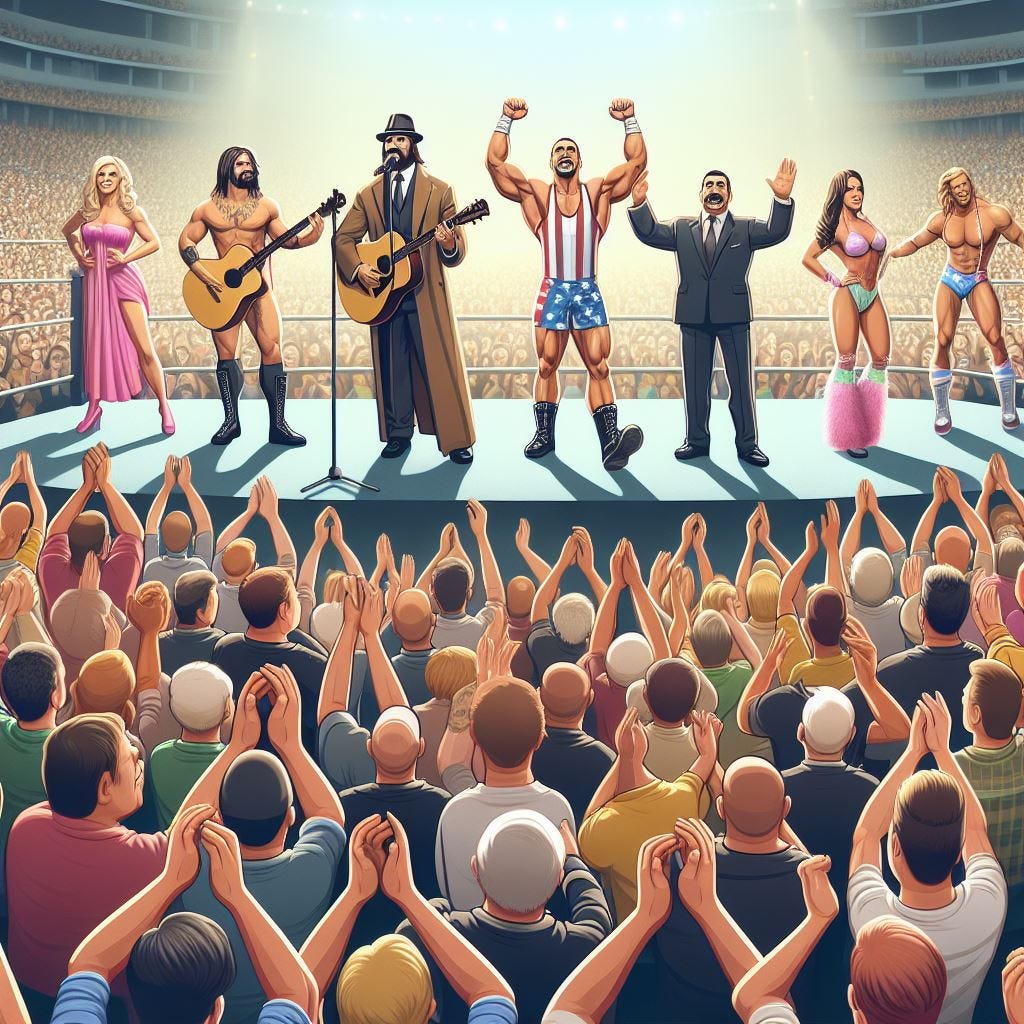 um grupo de Cantores, atores e influenciadores e Jogadores de futebol, lutadores e fisiculturistas sendo idolatrados e aplaudidos por uma multidão enorme de homens e mulheres