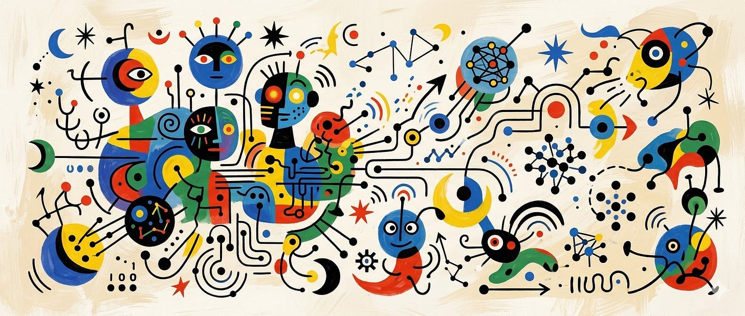 Miró-style painting of colourful abstract figures wired together by black lines, dots and node clusters on a cream background. Miró-style painting of colourful abstract figures wired together by black lines, dots and node clusters on a cream background.