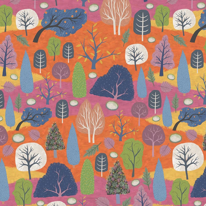 Two views of a colourful forest pattern, with brightly coloured hills in the background and a variety of different-coloured stylised trees dotted around the hills. 